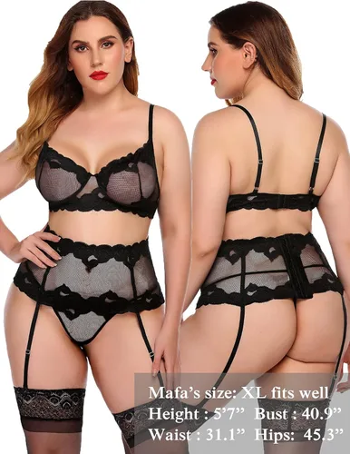 Vista 5 de ADOME Conjunto de lencería sexy para mujer con liguero sostén y bragas de encaje