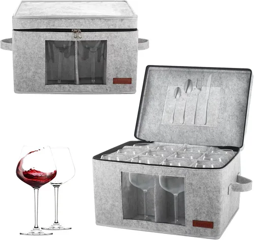Foyego Paquete de 2 cajas de almacenamiento para copas de vino con divisores, contenedores de almacenamiento de cristalería para embalaje y mudanza,