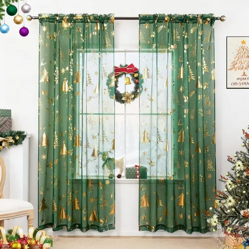 Vista 14 de Cortinas traslúcidas de Navidad para sala de estar, cortinas transparentes con estampado de copos de nieve de lujo, cortinas con bolsillo