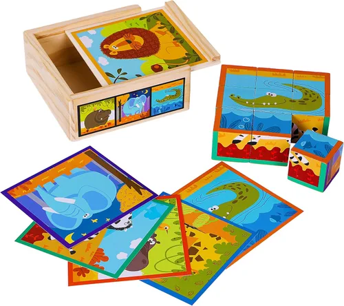 Vista 2 de TOWO - Rompecabezas de cubos de madera para niños, rompecabezas de cubo de madera, 9 cubos de madera, 6 imágenes de animales salvajes en una caja