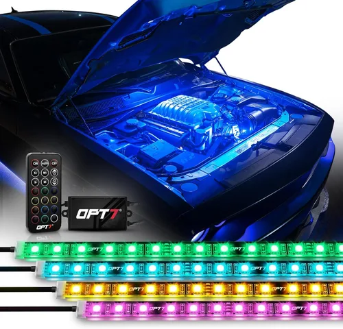 Vista 10 de OPT7 Aura Engine Bay - Kit de luz LED RGB con control remoto, 4 tiras de luz impermeables de 12 pulgadas para debajo del capó, modo multicolor
