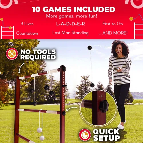 Vista 3 de SWOOC Games - Juego de pelota de escalera de madera premium (resistente a la intemperie) - 10 juegos incluidos y estuche de transporte - Montaje