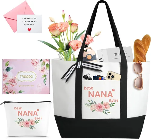 Vista 9 de TRSODD Regalos de cumpleaños para mujer, bolsa de lona con inicial con correa ajustable para el hombro y bolsa de maquillaje, regalos para mamá