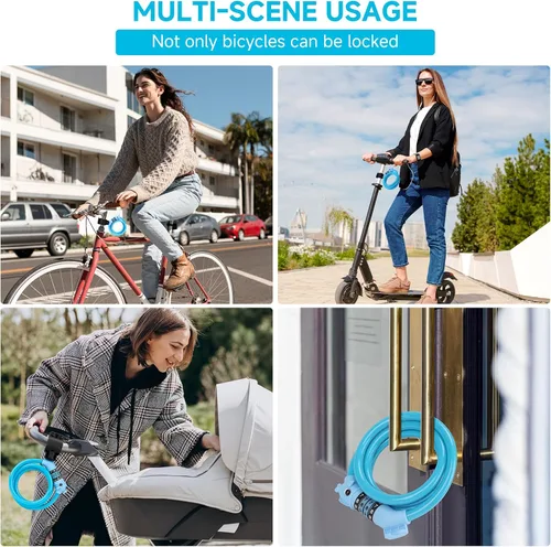 Vista 7 de Candado para bicicleta, 1.19 m, combinación de 4 dígitos que se puede reiniciar, contraseña, candado antirrobo con cable, lindo candado