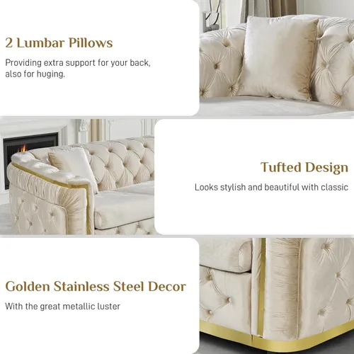Vista 3 de DAMAIFROM Juego de sofá de terciopelo de lujo beige y dorado, moderno de mediados de siglo, sofás Chesterfield copetudos y patas doradas, juego de 2