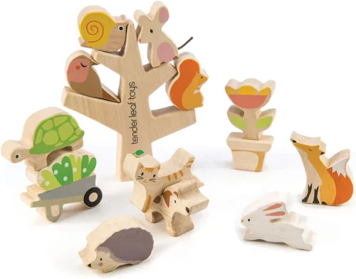 Tender Leaf Toys - Apilamiento de amigos del jardín - 14 piezas de juguete de apilamiento y equilibrio de madera y juego educativo con bolsa de