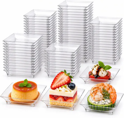 Kingrol 150 platos pequeños para aperitivos, platos cuadrados de plástico transparente de 2.5 pulgadas, platos desechables de 1 onza para postres