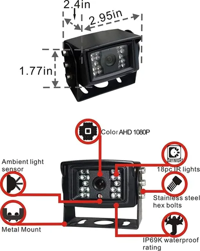 Vista 5 de AHD 1080P Sistema de cámara de visión trasera inversa de 7 pulgadas, cámara con visión nocturna, impermeable, IP69K, a prueba de vibraciones, 10G