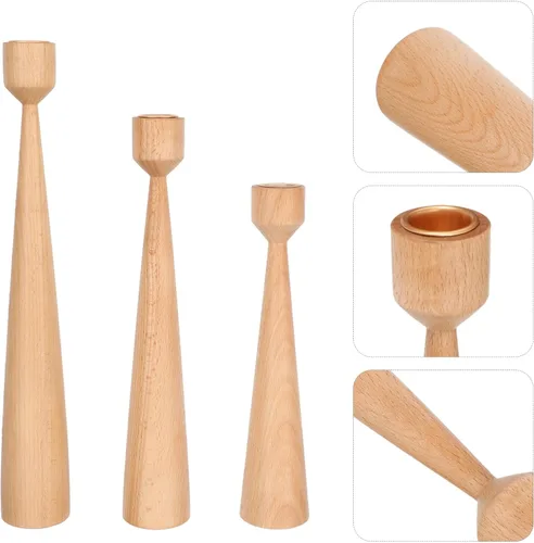 Vista 6 de Wooden Candle Holder Set of 3 Rustic Wedding Candlesticks Beech Wood Household Decorative Candle Stands for Living Room Dining Table Romantic Home