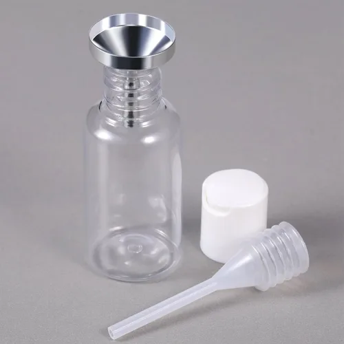 Vista 3 de Paquete de 10 embudos pequeños de metal con 2 mini pipetas para llenar botellas pequeñas o recipientes, atomizadores, perfumes, líquidos (plateado)