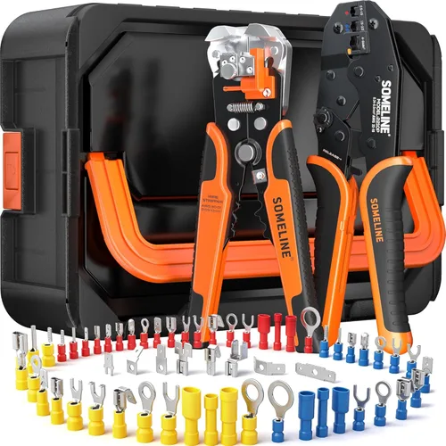 Vista 11 de SOMELINE Kit de herramientas de prensado de conectores eléctricos, crimpadora de terminales de trinquete 22-10 AWG, con conectores aislados a tope