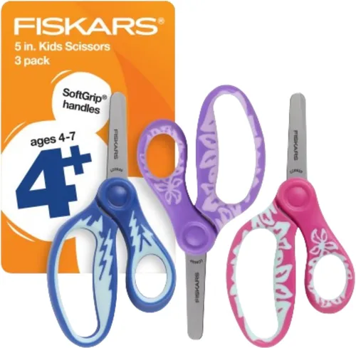 Fiskars Tijeras SoftGrip de punta roma de 5 pulgadas para niños de 4 a 7 años (paquete de 3), tijeras para la escuela o manualidades, suministros de