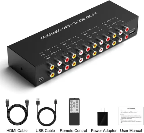 Vista 6 de Adaptador convertidor de AV a HDMI de 8 puertos, compatible con 16:9/4:3, para Wii/N64/PS1/PS2/PS3/VHS/VCR/reproductores de DVD, etc.