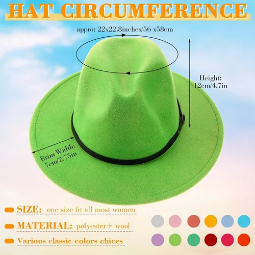 Vista 2 de Yahenda 12 sombreros clásicos de ala ancha para mujer, sombrero de Panamá de fieltro ajustable a granel con hebilla de cinturón, sombrero de ala