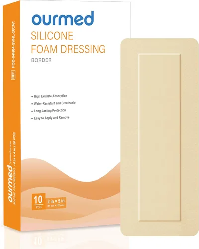 Ourmed Apósitos de espuma de silicona (2 x 5 pulgadas, 10 paquetes) con borde adhesivo tierno, vendaje absorbente avanzado estéril, cuidado de
