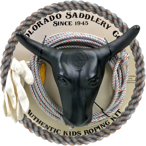 Colorado Saddlery Junior Roping Kit - Includes Lasso Rope, Roping Dummy Steer Head with Stakes, Kid's Lariat & Small Glove - Rodeo Set for Kids