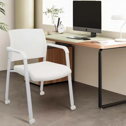 Vista 12 de CLATINA Silla de oficina apilable con ruedas, respaldo de malla, sillas de invitados con brazos, cómodo cojín de cuero, silla de escritorio apilable