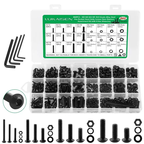 Vista 24 de Kit surtido de tornillos M4 de 271 piezas, cabeza de botón de acero inoxidable 304, tornillos hexagonales, tuercas, arandelas y llaves