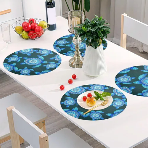 Vista 6 de Sea Turtles Mandala Blue PVC Plate Mat, Washable Placemat Heat Resistant for Kitchen one sizex1