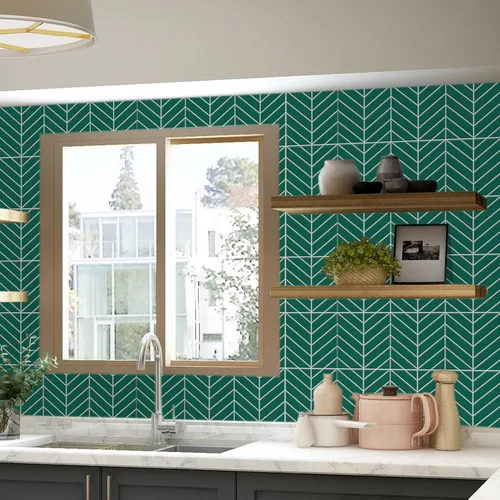Vista 7 de Azulejos de despegar y pegar, azulejos de pared de mosaico de cocina con patrón de sarga verde, azulejos autoadhesivos de vinilo para pared