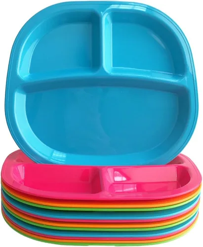 Vista 9 de US Acrylic Harmony - Bandeja de plástico dividida de 3 compartimentos para niños en 4 colores Calypso Juego de 12 platos reutilizables sin BPA