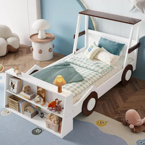 Vista 20 de JIVOIT Cama de plataforma en forma de auto de carreras de tamaño individual con ruedas, marco de cama de plataforma de madera con dos asientos