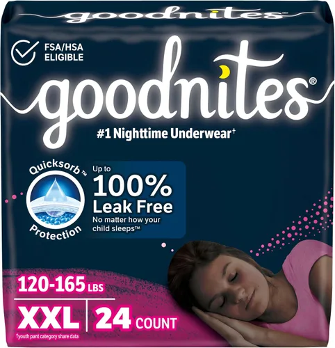 Vista 21 de Goodnites Ropa interior nocturna para niñas, talla XXL (120-165 libras), 54 unidades, el embalaje puede variar