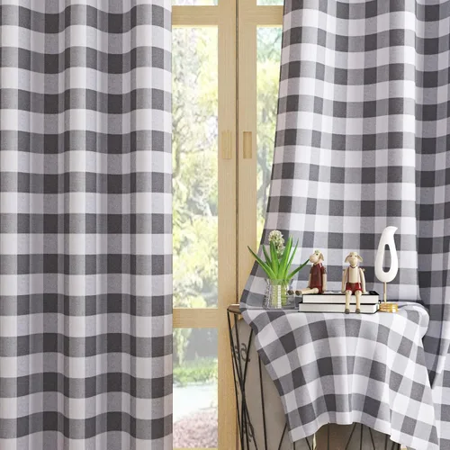 Vista 21 de UPOPO Cortinas de ventana Buffalo Check 122 cm de largo, cortinas de algodón para sala de estar, paneles de cortina a cuadros para dormitorio