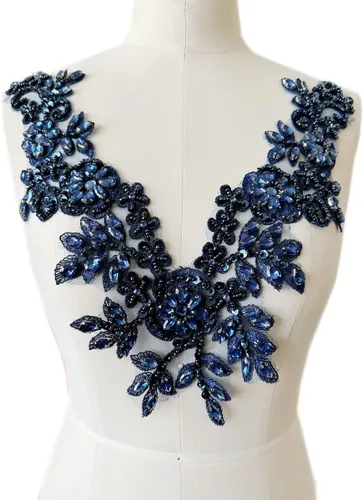 Vista 9 de Piedras de imitación hechas a mano apliques de encaje cuentas de costura a mano Trim Parches Accesorios para vestido escote (negro)