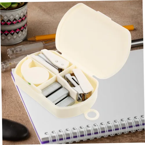 Vista 6 de STOBOK Mini carpeta, mini grapadora, 2 juegos de caja de herramientas de mano, perforadora de agujero de metal blanco, escritorio multifunción