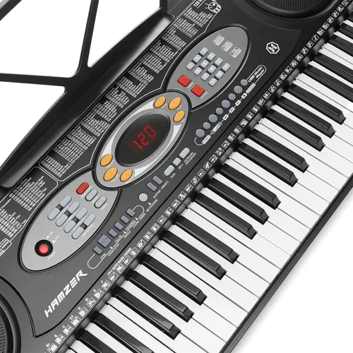 Vista 4 de Hamzer Teclado electrónico de 61 teclas Piano de música digital portátil con soporte X, micrófono y juego de calcomanías