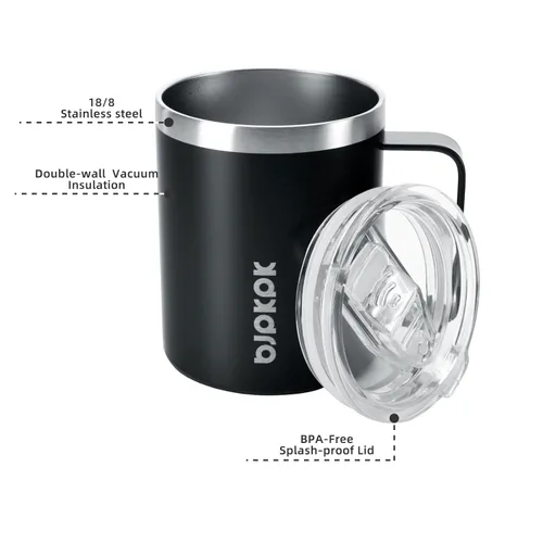Vista 2 de BJPKPK 2 tazas de café aisladas, vaso aislado de 14 onzas con tapa, tazas de café de acero inoxidable con tapa a prueba de salpicaduras, color negro