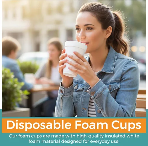 Vista 2 de Paquete de 25 vasos desechables de espuma de 8 onzas – Taza de bebida fría y caliente con aislamiento de espuma blanca, tazas de espuma de 8 onzas