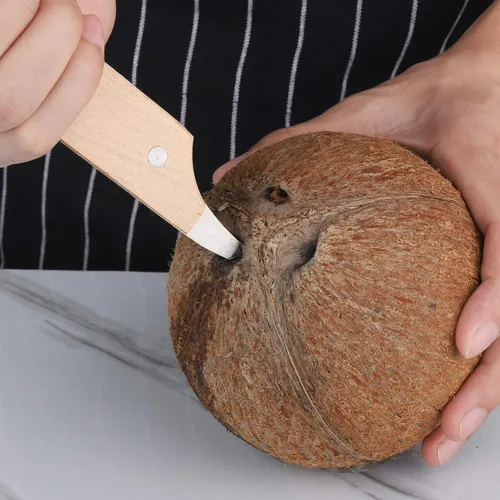 Vista 2 de Herramienta abridor de coco con mango de madera, abridor de cuchillos de acero inoxidable, cortador de coco de doble extremo, herramientas de cocina