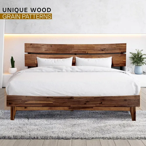 Vista 8 de Acacia Aurora - Marco de cama con cabecero, cama de plataforma de madera 100% maciza, estilo de cama escandinavo con todos los colchones Caramelo