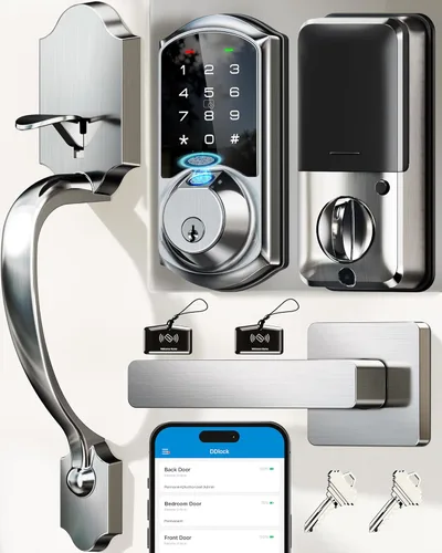 Vista 10 de Veise VE07-H Cerraduras inteligentes de huellas dactilares para puerta delantera con juego de manija, control de aplicación, cerrojo de teclado