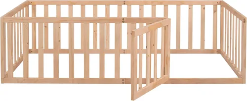 Vista 6 de Harper & Bright Designs Montessori - Cama de suelo individual con valla y puerta, marco de madera para niños y niñas (tamaño individual, natural)