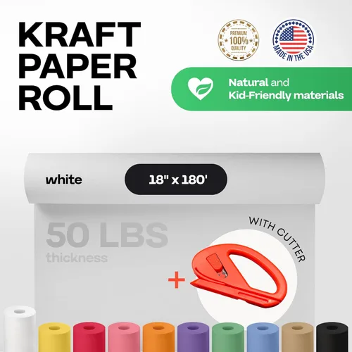 Vista 86 de Rollo de papel kraft amarillo de 36" x 1200" (100 pies) con cortador - Papel de regalo hecho en EE. UU. para embalaje, mudanza, envío