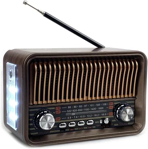 Radio retro vintage Bluetooth, radio portátil de banda completa AM FM SW transistor w/LED Fladhlight, radio con batería/recargable, soporte TF