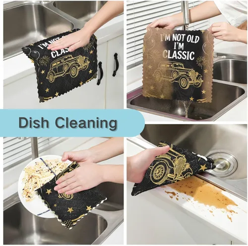 Vista 2 de Birthday Retro 70s Car Kitchen Towels Terry Cotton Quick Dry Reusable and Washable Dishcloth 6 Pack