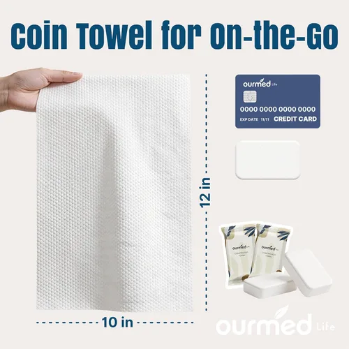 Vista 2 de Ourmed Life Mini tabletas de toalla comprimida, toallas faciales desechables portátiles, mini tabletas envueltas individualmente, se expande