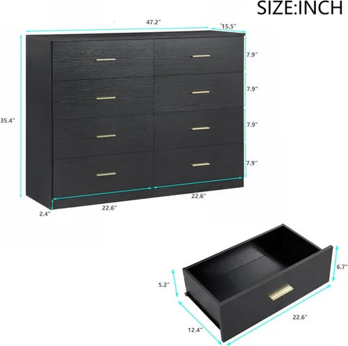 Vista 18 de Spaco Cómoda negra de 6 cajones con mango dorado, cómoda moderna de 6 cajones profundos para dormitorio, cómoda de almacenamiento para armario, sala