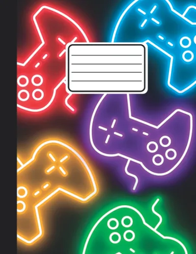 Composition Notebook Wide Ruled Lined Paper 110 pages (55 sheets) 9-34 x 7-12 inches Gamer Gaming Video Games Black Pink Purple Green Blue Colorful