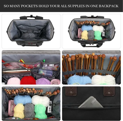 Vista 4 de Mochila de Ganchillo, Mochila de Bolsa de Tejer Organizador de Almacenamiento de Hilo Bolsa de Ganchillo de Viaje con Puerto de Carga USB, Bolsa