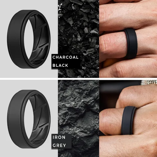 Vista 3 de ThunderFit - Anillos de boda y compromiso de silicón transpirable para hombre con ranuras internas de ventilación, diseño elegante de borde