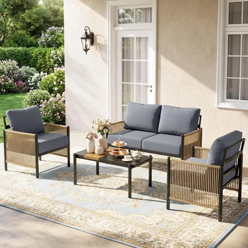 Vista 11 de Muebles de aluminio del patio fijados para 7, sistema tejido Juego de conversación para patio con cojines gruesos lavables, mesa de centro para Gris