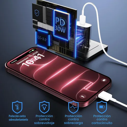 Vista 5 de Cargador de carga rápida para iPhone 18, 17, 16, 15, cargador USB C de 30 W Blanco-30W