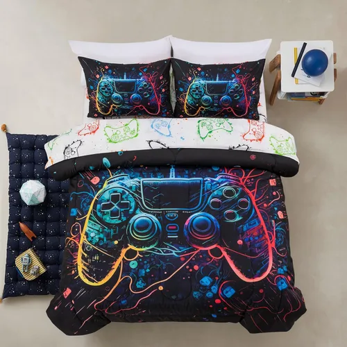 A Nice Night Juego de edredón de tamaño individual para niños de 5 piezas con consola de juego, para adolescentes, con fondo 3D colorido del espacio