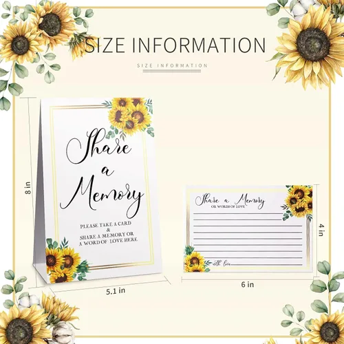 Vista 2 de Zonon 50 tarjetas de memoria con diseño de girasol, con texto en inglés "Share a Memory Card", para celebración de la vida, decoración de bodas
