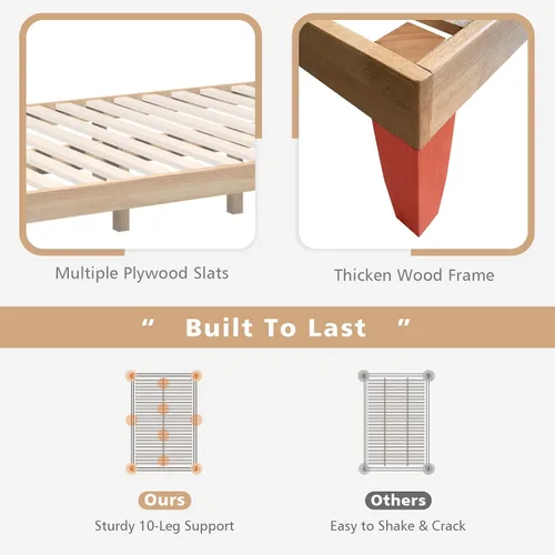 Vista 15 de COSTWAY Marco de cama de plataforma tamaño King, base de colchón de madera de goma maciza de 14 pulgadas con soporte de listones resistentes, marco